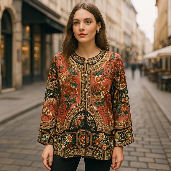 Vintage Jerri Sherman 100% Silk Floral Baroque Tunic Top Blouse 16 plus Boho - Picture 1 of 8